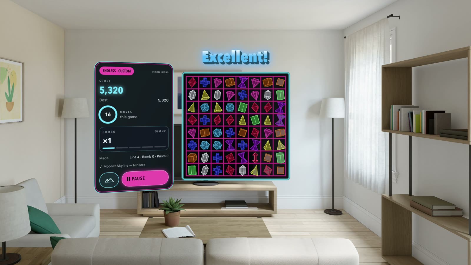 The Hyperfacet board and its side panel floating in a living room after an Excellent cascade