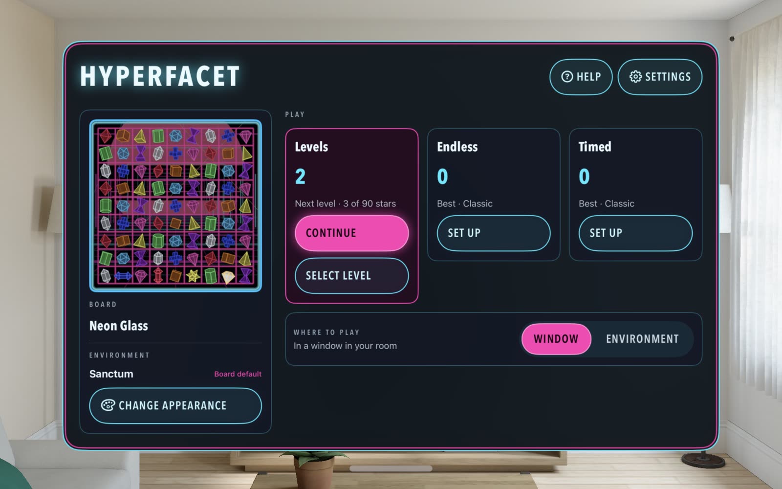 The Hyperfacet home panel: the Neon Glass board, Levels, Endless and Timed, and where to play